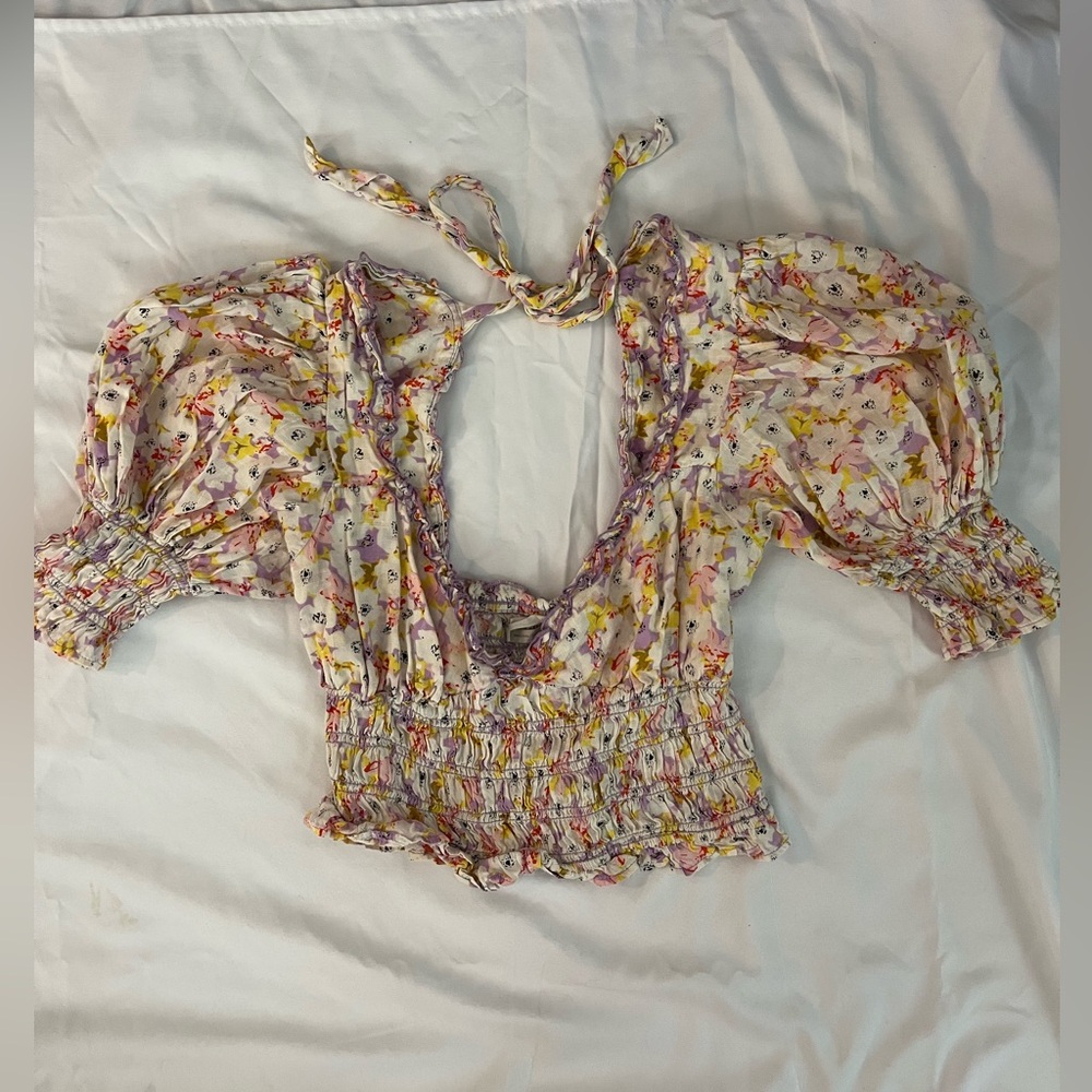 Urban Outfitters Pink and Yellow Puff Sleeve Crop Blouse